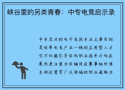 峡谷里的另类青春：中专电竞启示录